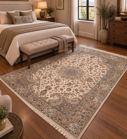 3x5 ft Ivory Bamboo Silk Rug – Elegant Floral Medallion Design, Beige & Blue Luxury Silk Accent Rug for Living Room & Bedroom
