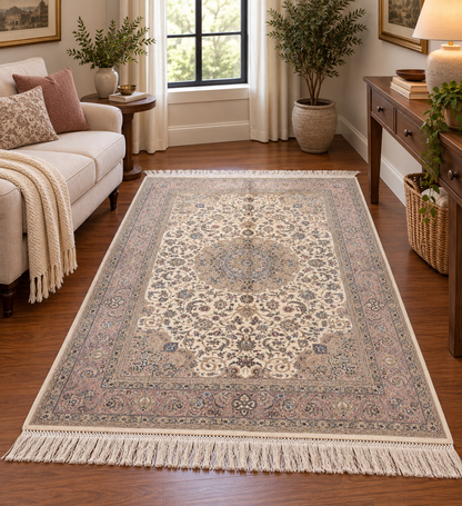 3x5 ft Silk Rug – Ivory & Soft Blush Floral Medallion Design, Elegant Luxury Area Rug