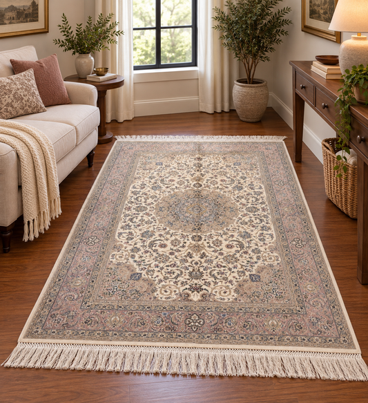 3x5 ft Silk Rug – Ivory & Soft Blush Floral Medallion Design, Elegant Luxury Area Rug