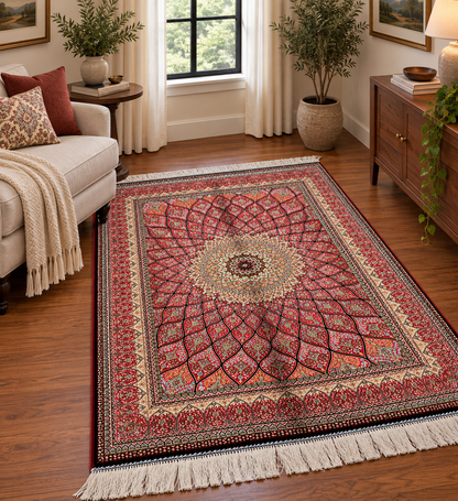 3x5 ft Pink Bamboo Silk Rug – Intricate Floral Medallion Design, Ivory & Black Accents, Elegant Silk Area Rug