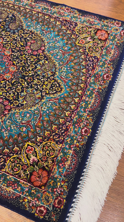 23” × 35” Luxury Turkish Bamboo Silk Rug – Navy Blue & Turquoise Floral Medallion, Elegant Accent Rug