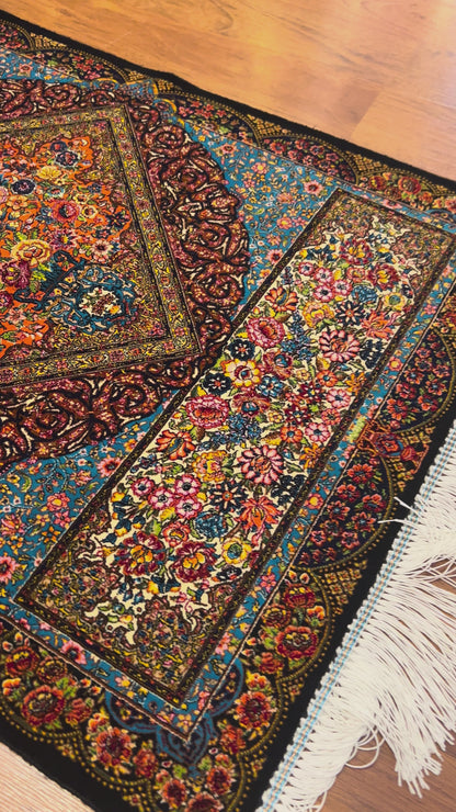 23” x 35” Luxury Turkish Silk Rug – Elegant Floral Medallion Design, Black & Turquoise Blue Accent Rug