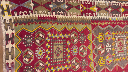 Antique Handwoven Turkish Anatolian Kilim Rug – 13’3” × 5’9” – Approx. 90–100 Years Old – Large Vintage Tribal Wool Area Rug with Authentic Geometric Motifs
