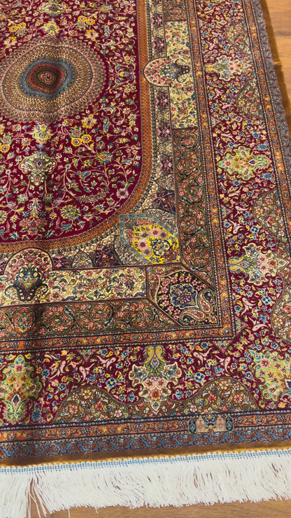 4x6 ft Silk Rug – Deep Red & Gold Floral Medallion Area Rug, Elegant Traditional Design