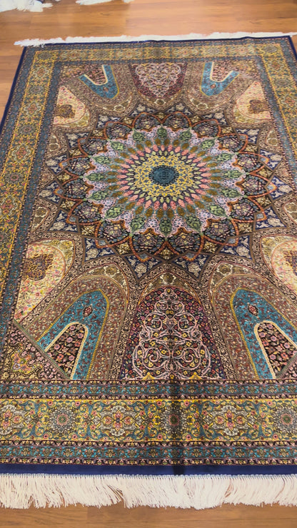 5’ x 8’ Luxury Bamboo Silk Rug – Grand Rosette Medallion Design, Turquoise, Navy & Gold Fine Woven Statement Rug