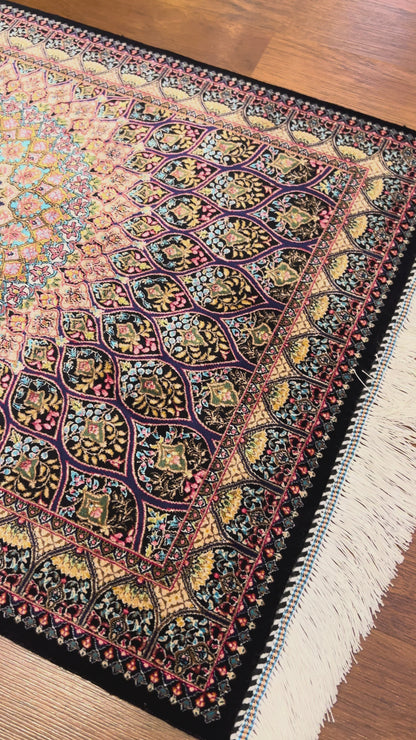 23” x 35” Luxury Turkish Silk Rug – Black Floral Medallion Design, Elegant Oriental Accent Rug with Handmade Fringe