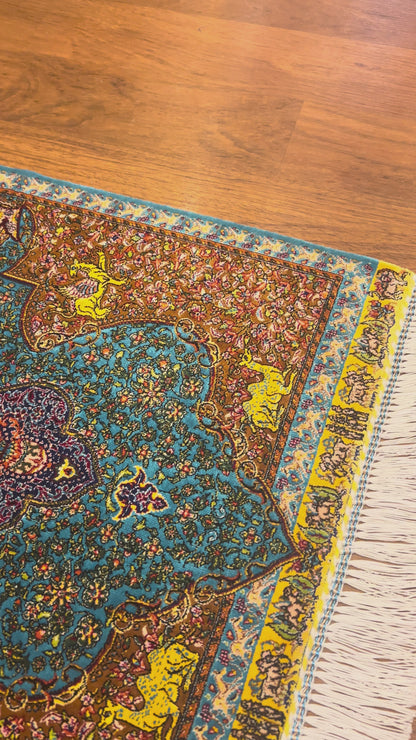 19” x 28” Small Silk Rug – Turquoise Garden Medallion with Animal Motifs