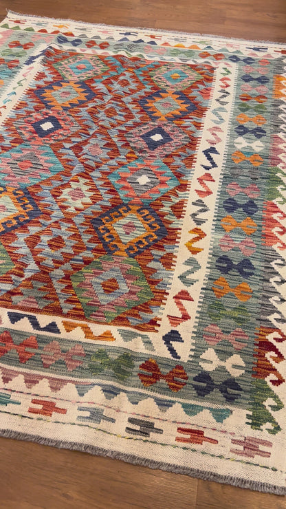 5x7 Fine Quality Handwoven Turkish Kilim Rug – Rust Turquoise Geometric Anatolian Area Rug