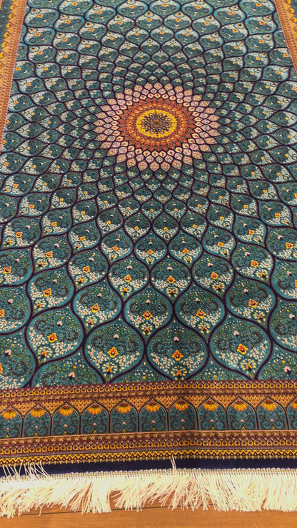 5’ x 8’ Luxury Silk Rug – Turquoise Blue Radiating Medallion Design – Intricate Woven Turkish Area Rug