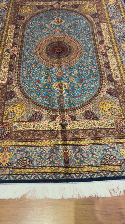 5’ x 8’ Luxury Turquoise Bamboo Silk Rug – Grand Medallion Floral Design, Navy & Gold Accents, Fine Woven Area Rug