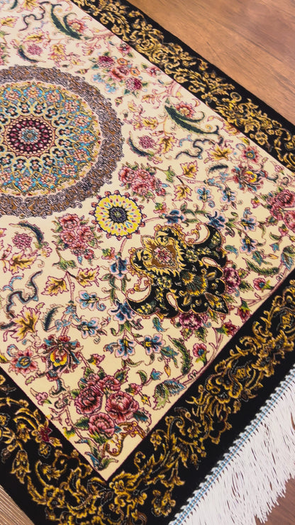 23” × 35” Luxury Turkish Silk Rug – Ivory & Black Floral Medallion Design, Elegant Small Accent Rug