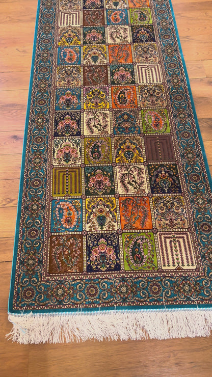 2’7”×9’10” Silk Rug Runner Rug – Turquoise Multicolor Patchwork Woven Turkish Rug