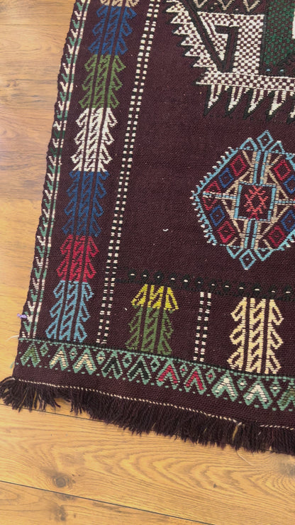 Vintage Turkish Embroidered Kilim Rug – 6’5” × 4’0” – Approx. 70 Years Old – Traditional Anatolian Textile