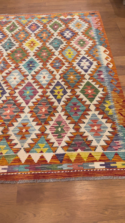 5x7 Fine Quality Handwoven Turkish Kilim Rug – Multicolor Geometric Anatolian Area Rug