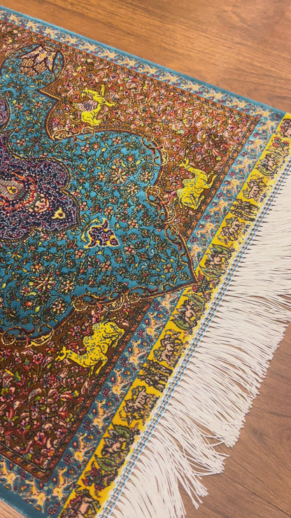 19” x 28” Small Silk Rug – Turquoise & Rust Imperial Medallion Luxury Accent Rug