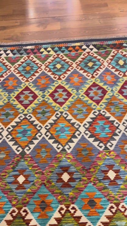 6x8 Fine Quality Turkish Kilim Rug – Handwoven Colorful Diamond Geometric Anatolian Area Rug