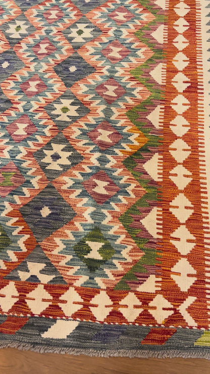 5x7 Fine Quality Handwoven Turkish Kilim Rug – Rust & Charcoal Geometric Anatolian Rug