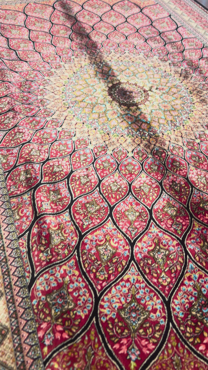 3x5 ft Silk Rug – Pink Radiating Medallion Design, Ornate Floral Luxury Area Rug