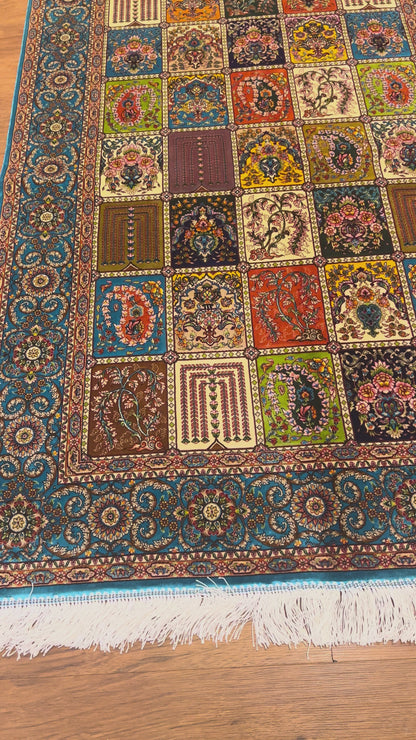 3x5 ft Multicolor Bamboo Silk Rug – Garden Panel Floral Design, Teal Blue Border, Luxury Silk Accent Rug for Living Room & Bedroom