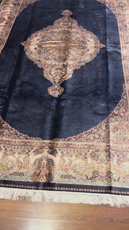 7x10 ft Bamboo Silk Rug – Navy Blue & Beige Medallion Area Rug, Elegant Traditional Floral Design