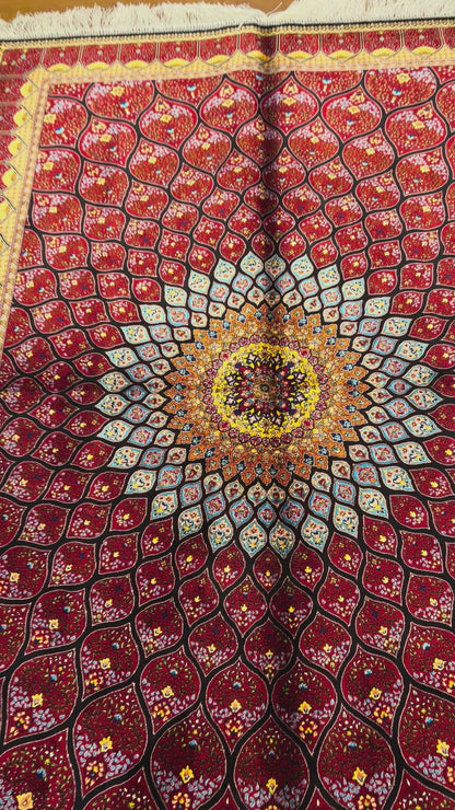 3x5 ft Silk Rug – Rich Red Geometric Medallion Design, Statement Luxury Area Rug