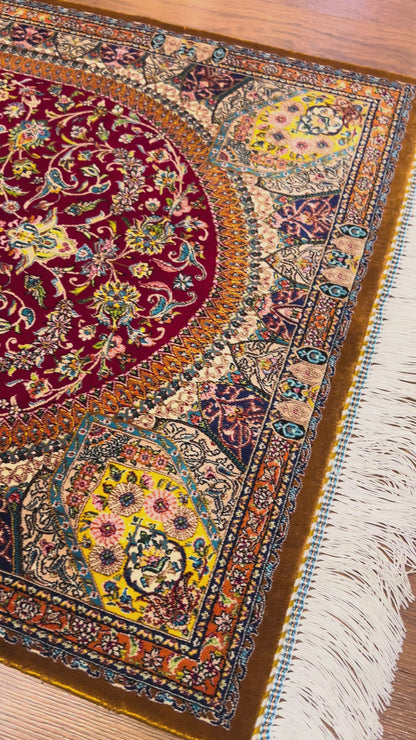 23” × 35” Luxury Turkish Bamboo Silk Rug – Ruby Red & Gold Floral Medallion, Elegant Small Accent Rug