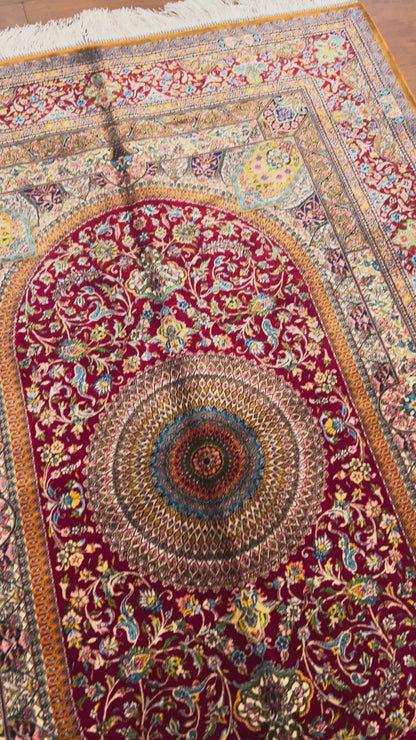 3x5 ft Red Bamboo Silk Rug – Ornate Floral Medallion Design, Luxury Silk Rug, Elegant Classic Accent Rug for Living Room & Bedroom