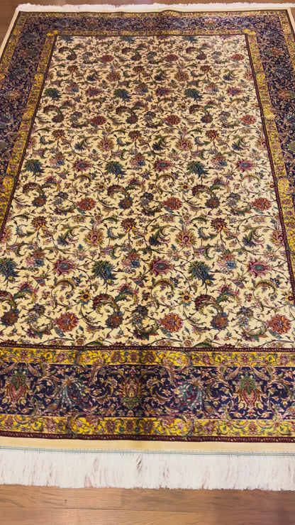 5x8 Luxury Ivory & Navy Bamboo Silk Rug – Intricate All-Over Floral Design – Elegant Turkish Area Rug