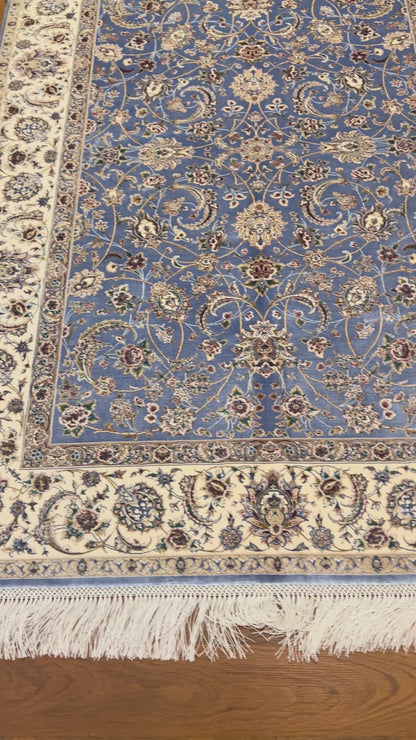 3x5 ft Light Blue Bamboo Silk Rug – Ivory Floral Border, Elegant Classic Design, Luxury Silk Accent Rug for Living Room & Bedroom