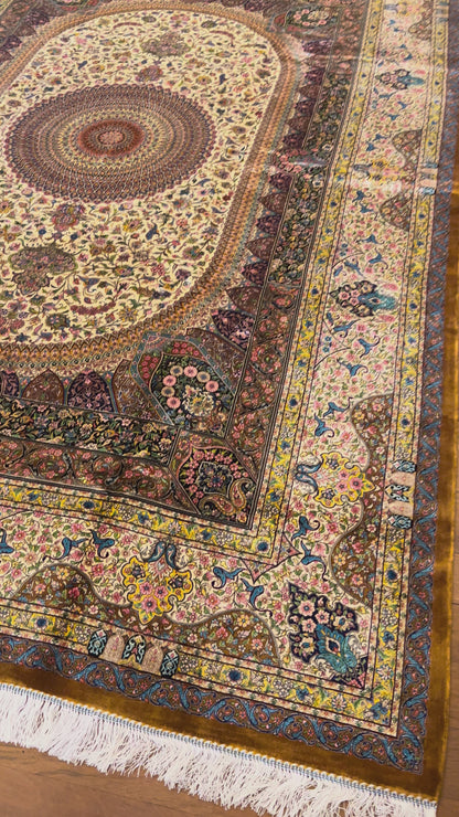 7×10 ft Silk Rug – Ivory, Gold & Multicolor Ornate Medallion Area Rug, Luxury Traditional Turkish Design