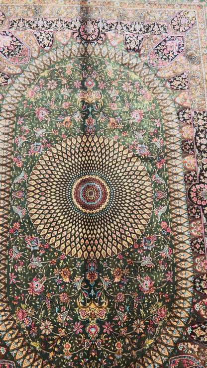 3x5 ft Green Bamboo Silk Rug – Ornate Floral Medallion Design, Luxury Silk Accent Rug, Elegant Classic Home Decor