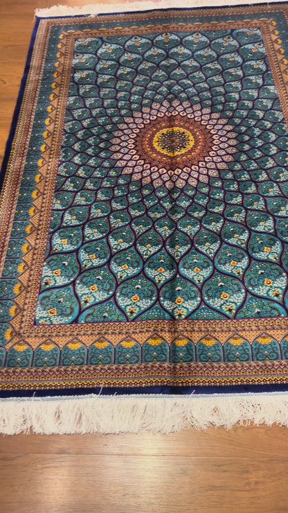 4x6 ft Turquoise Silk Rug – Teal & Navy Geometric Floral Medallion Area Rug, Elegant Statement Design