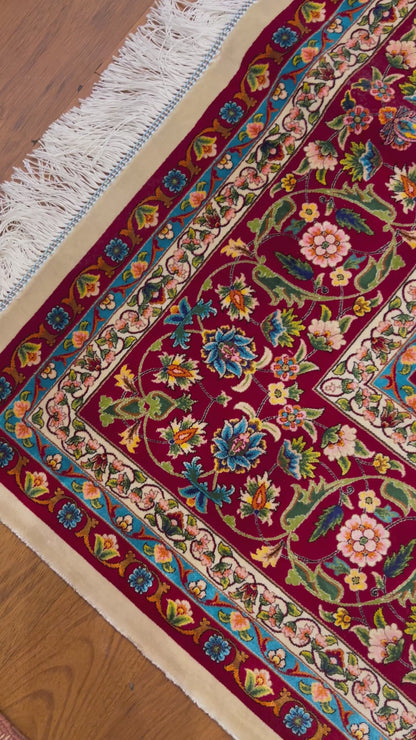 7x10 ft Silk Rug – Ivory & Burgundy Floral Woven Area Rug – Elegant Traditional Design