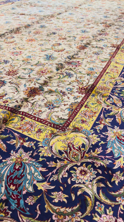 Large Bamboo Silk Area Rug 11.3x7.9 Ft, Luxury Hereke Style Rug, Floral Living Room Carpet, Ivory Navy Blue Designer Rug