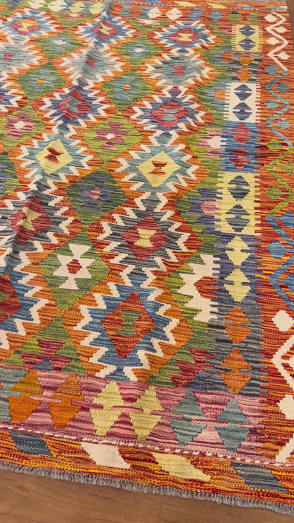 5x7 Fine Quality Handwoven Turkish Kilim Rug – Olive Green Blue Geometric Anatolian Rug