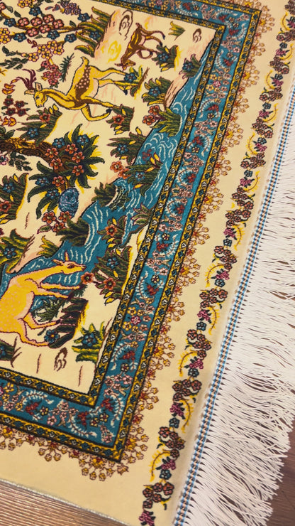 23” × 35” Luxury Turkish Silk Rug – Ivory Tree of Life & Deer Garden Design, Hereke-Inspired Floral Accent Rug