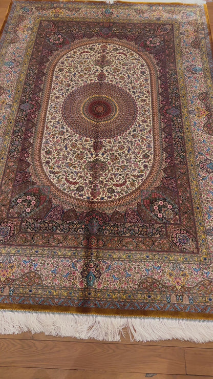 5x8 Ivory & Rust Silk Rug – Intricate Floral Medallion Design with Ornate Border