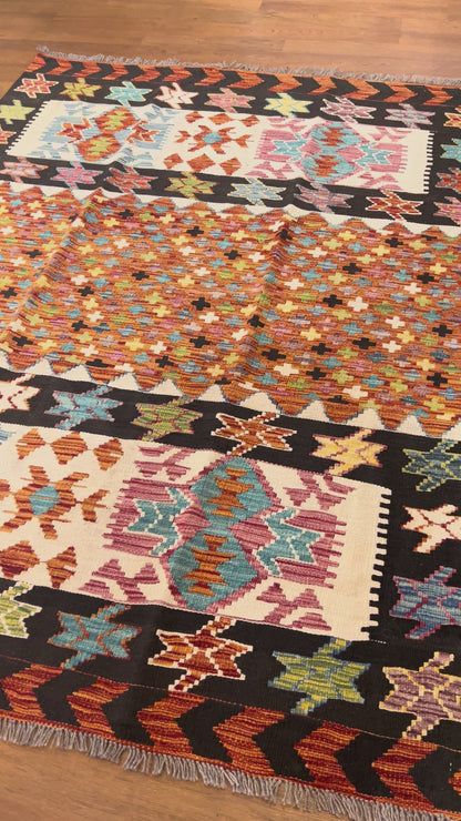 5x7 Fine Quality Handwoven Turkish Kilim Rug – Terracotta Black Tribal Geometric Anatolian Rug