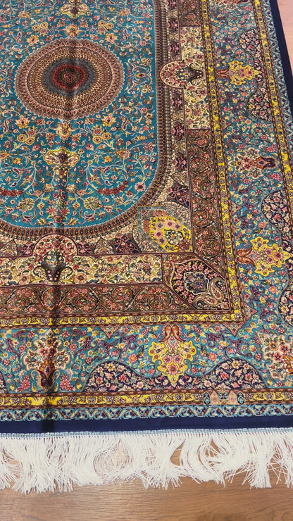 4x6 ft Silk Rug – Turquoise & Navy Floral Medallion Area Rug, Elegant Traditional Design