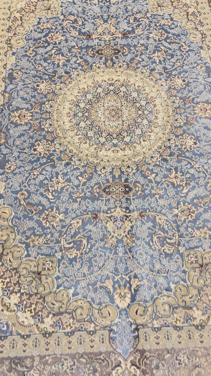 3x5 ft Light Blue Bamboo Silk Rug – Elegant Medallion Design, Beige & Taupe Luxury Silk Rug, Classic Accent Rug for Living Room & Bedroom