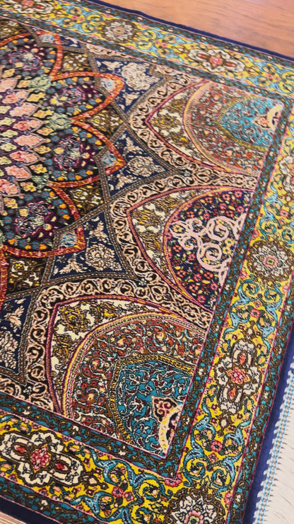 23” × 35” Luxury Turkish Bamboo Silk Rug – Navy Blue & Gold Geometric Lotus Medallion Accent Rug