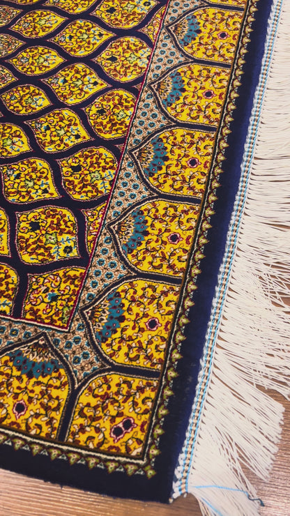 23” × 35” Luxury Turkish Bamboo Silk Rug – Royal Blue & Gold Geometric Starburst Medallion Accent Rug