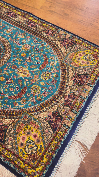 23” × 35” Luxury Turkish Silk Rug – Turquoise Blue & Navy Floral Medallion, Hereke-Inspired Small Accent Rug