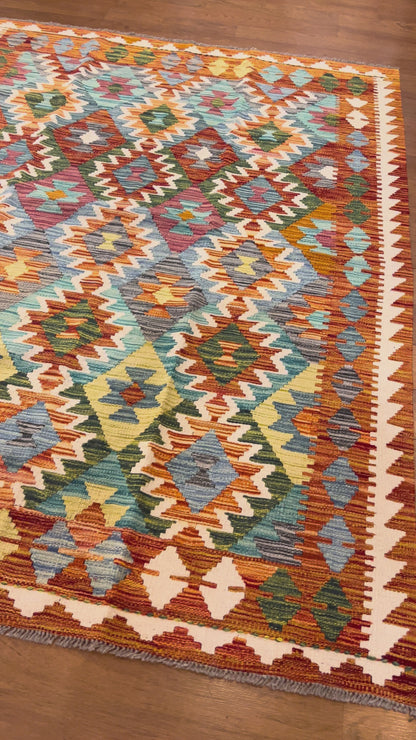 5x7 Fine Quality Handwoven Turkish Kilim Rug – Terracotta Geometric Anatolian Area Rug
