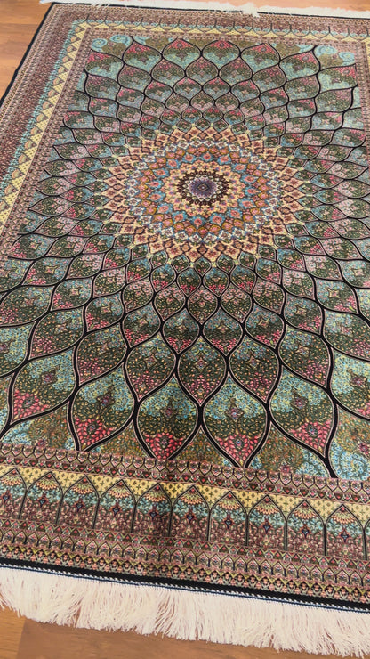 5x8 Luxury Sage Green Bamboo Silk Rug – Grand Radiating Floral Medallion Design – Elegant Turkish Statement Rug