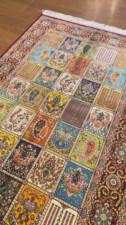 3x5 ft Burgundy Bamboo Silk Rug – Multicolor Garden Panel Design, Floral Luxury Silk Accent Rug for Living Room & Bedroom