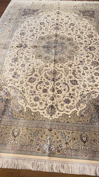7×10 ft Silk Rug – Ivory & Beige Medallion Area Rug, Elegant Neutral Floral Turkish Design, Luxury Large Rug