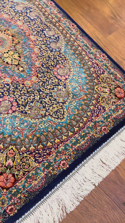 23” x 35” Luxury Turkish Silk Rug – Royal Blue & Turquoise Floral Medallion, Elegant Oriental Accent Rug with Handmade Fringe