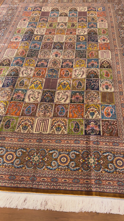 7’ x 10’ Luxury Silk Rug – Multicolor Garden Panel Design – Intricate Woven Turkish Area Rug