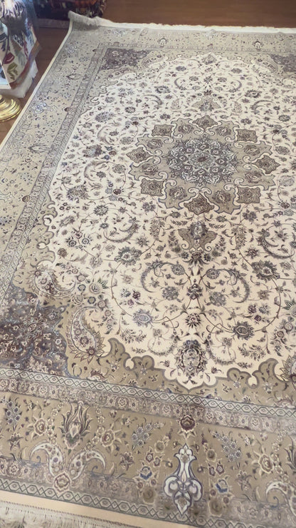 8×12 ft Silk Rug – Ivory, Beige & Taupe Medallion Area Rug, Luxury Neutral Floral Turkish Design, Extra Large Rug